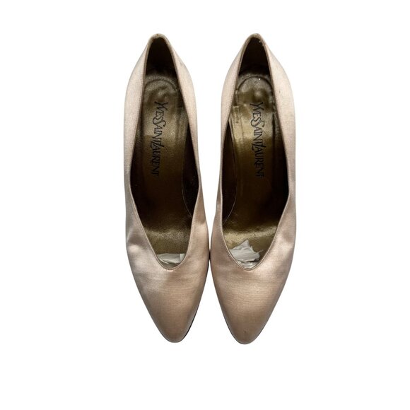 80's YSL Yves Saint Laurent Champagne dust satin round toe pumps Women's sz 8.5 - Picture 3 of 16